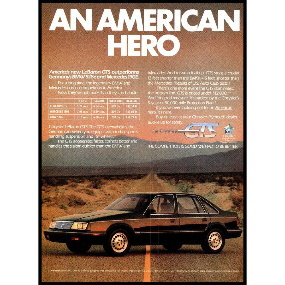 1986 Chrysler LeBaron GTS Sedan Vintage Print Ad Desert Highway Tumbleweed Photo
